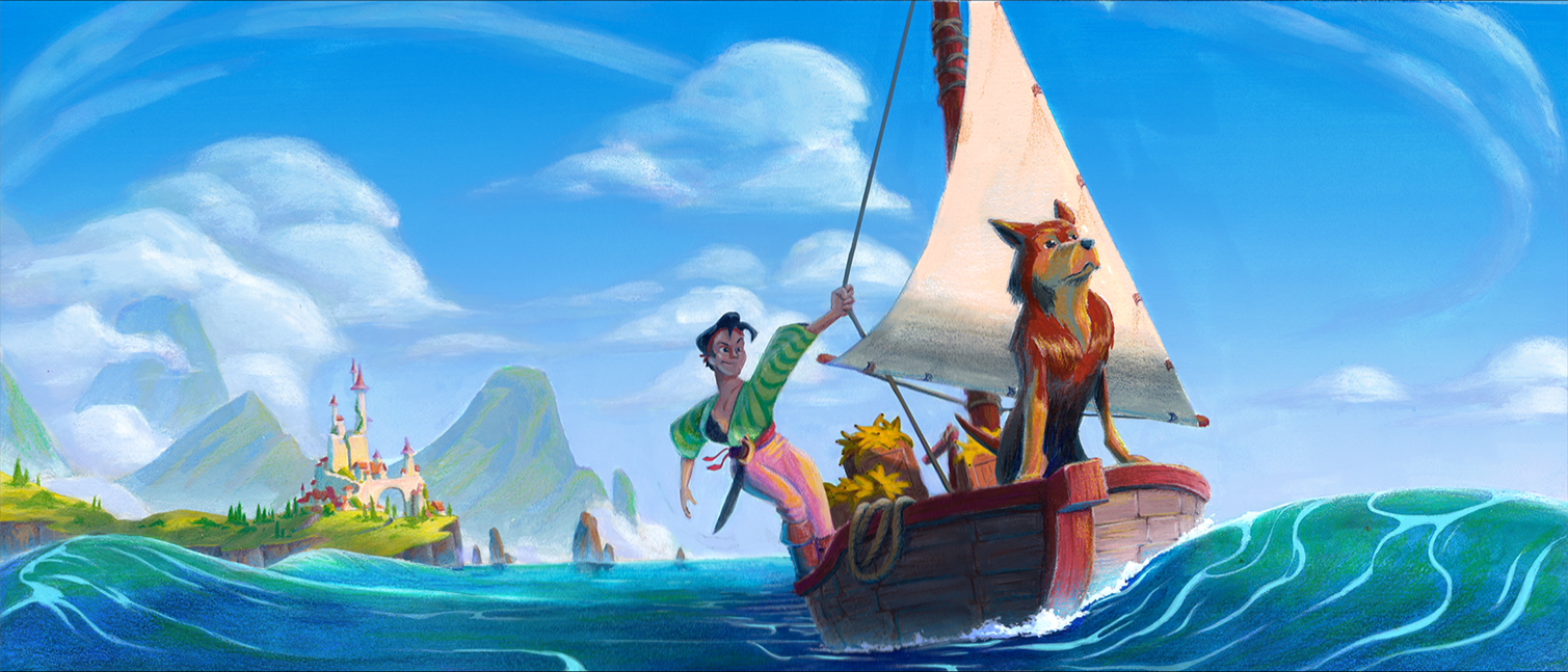 Gouache + Coloured Pencil Illustration Gouache painting of a pirate and a dog riding a boat across the ocean by Mackenzie Nash.