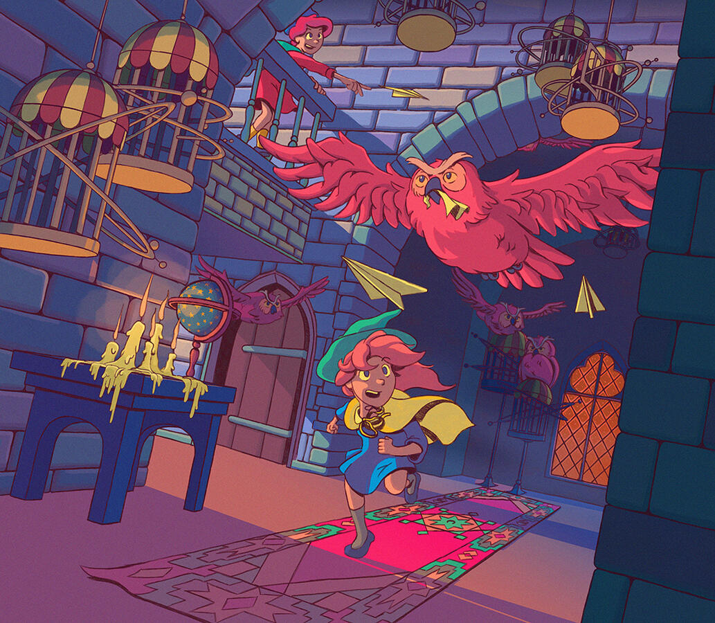 Coloured Pencil + Digital Illustration Illustration of a young girl and an owl running through a magic castle by Mackenzie Nash.