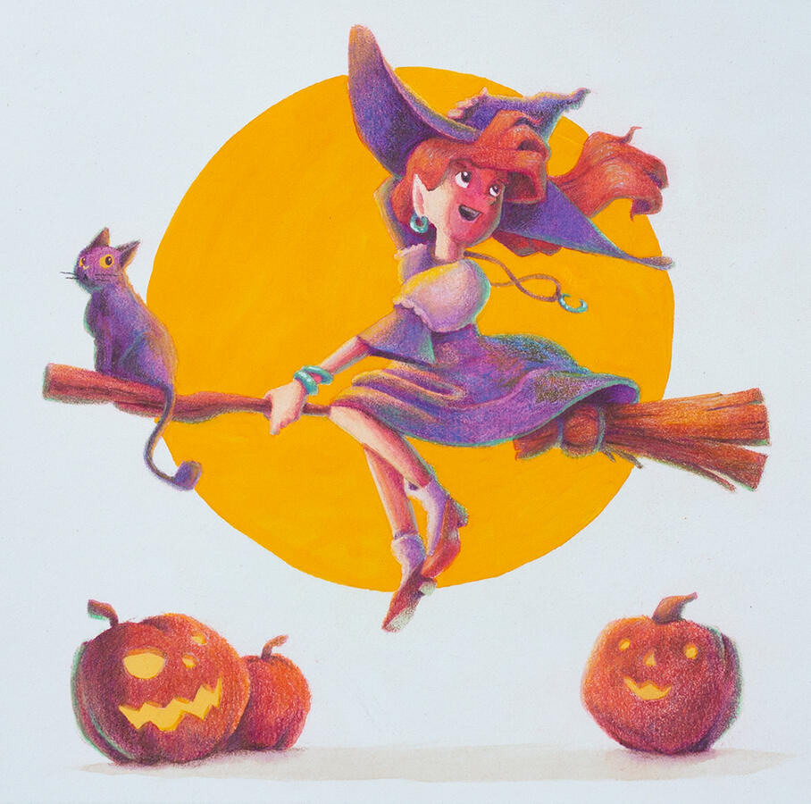 Coloured Pencil Illustration Coloured Pencil Illustration of a witch and her cat riding a broom by Mackenzie Nash.