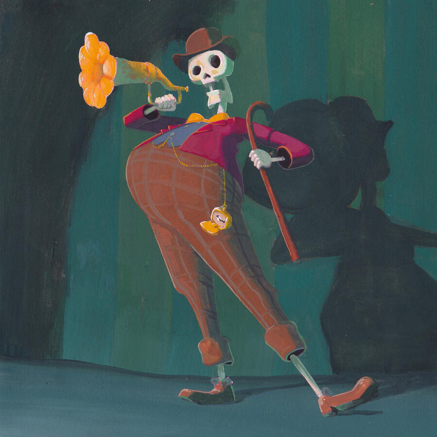 Gouache Painting Gouache painting of a skeleton carnival barker by Mackenzie Nash.