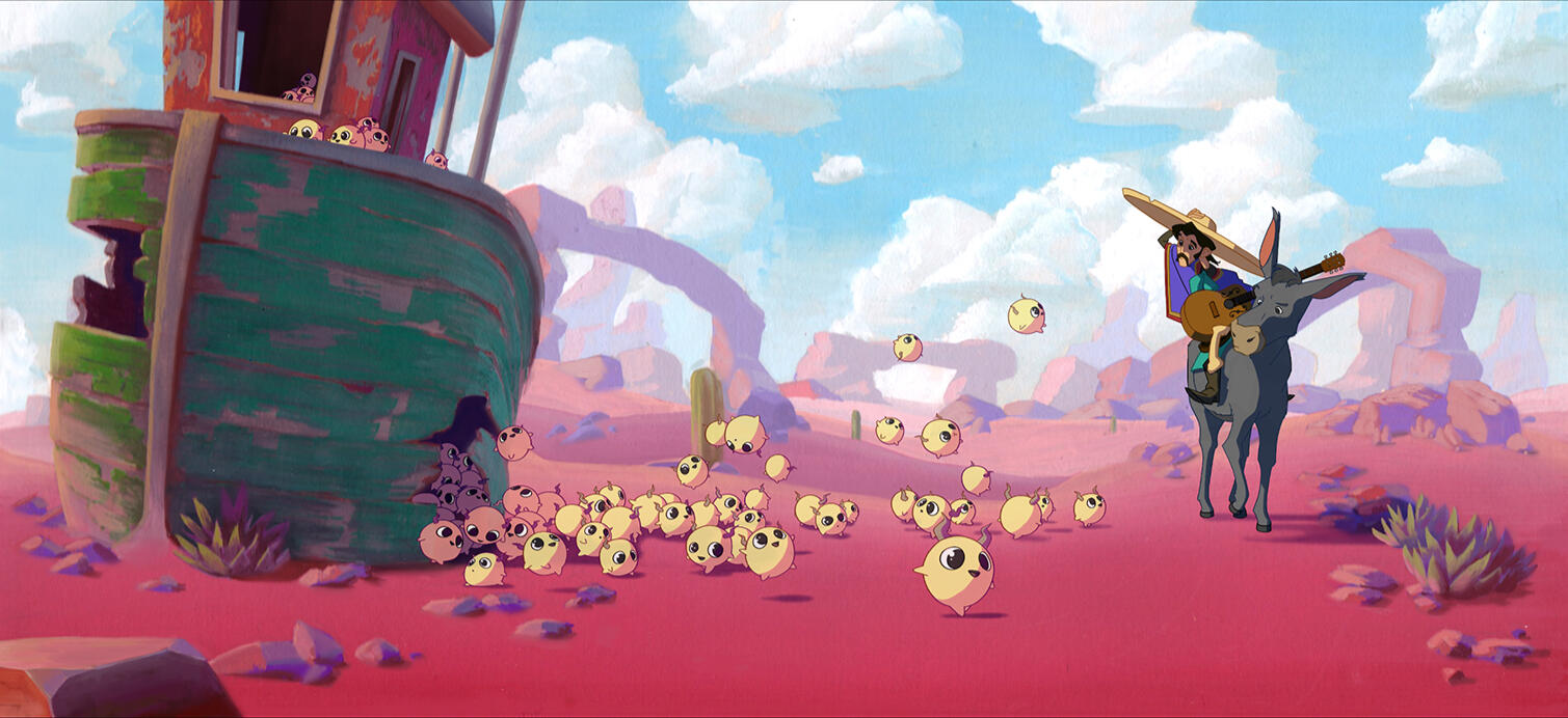 Gouache + Digital Illustration Gouache painting of a cowboy in the desert encountering cute cartoon characters by Mackenzie Nash.